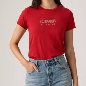 * Levi's Womens Perfect Rhinestones Logo Short Sleeves T-Shirt Tee Red Size Med
